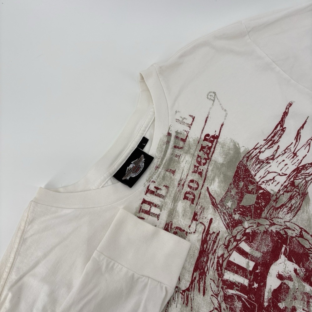 Harley Davidson Shirt L White Skull Flag Free Brave We Don't Do Fear Made In USA